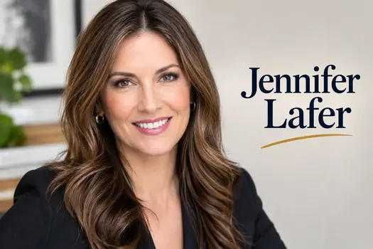 Jennifer Lafer professional portrait with elegant typography